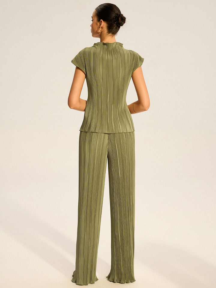 Pleated Top and Wide-Leg Pants Set