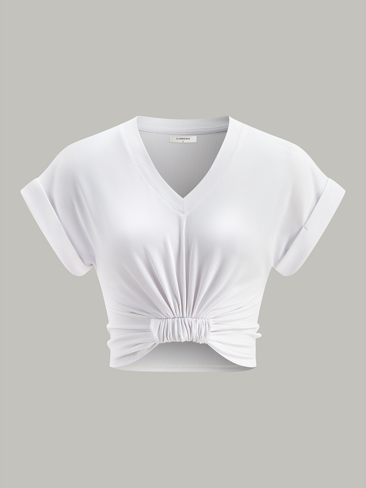 Ribbed V-Neck Knotted Crop Top