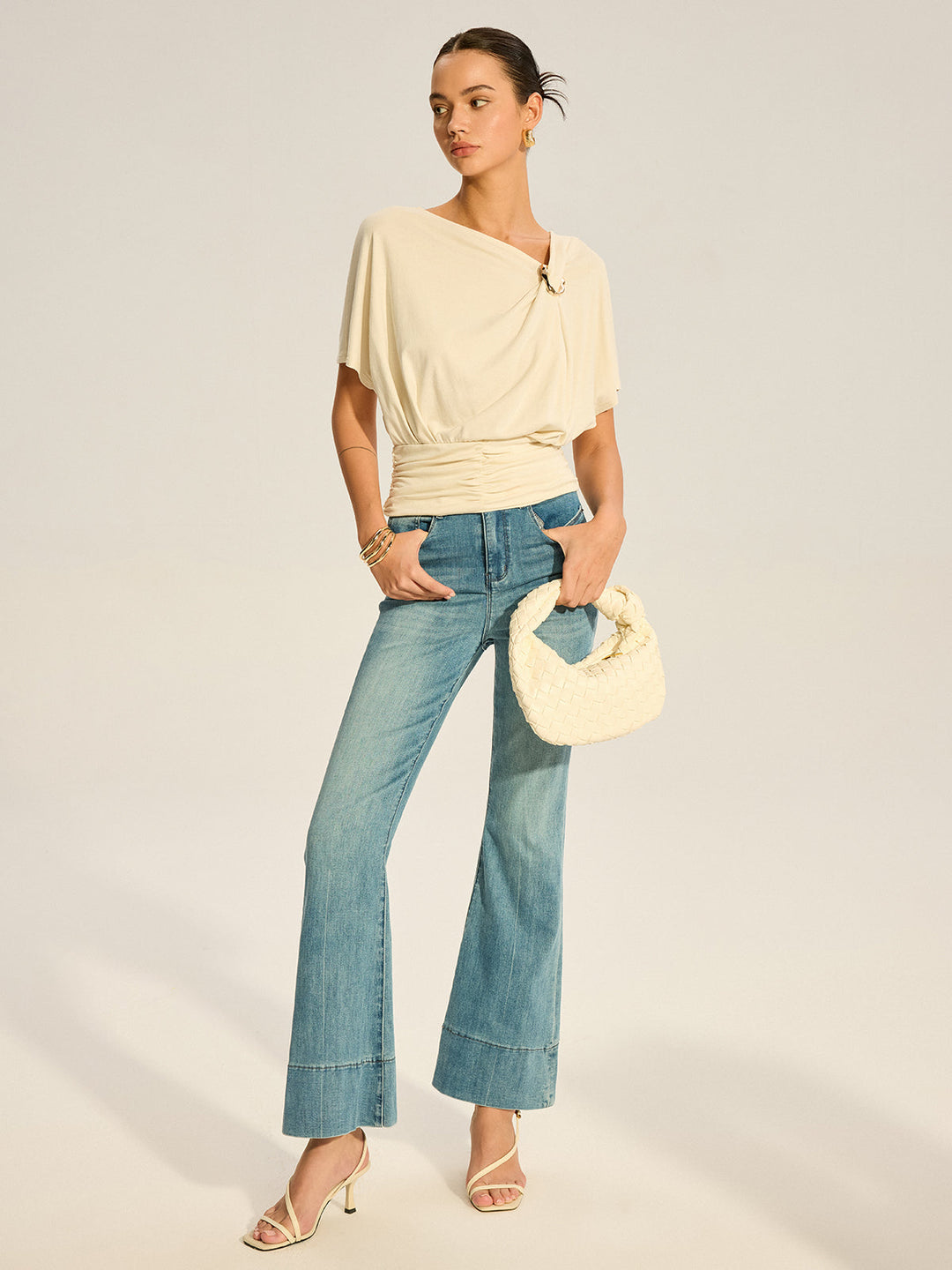 Asymmetrical Ruched Draped Top with Metal Ring Detail