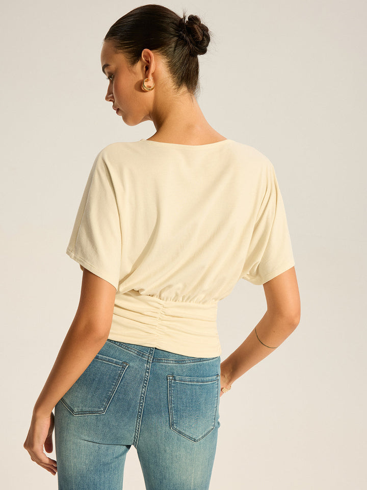 Asymmetrical Ruched Draped Top with Metal Ring Detail