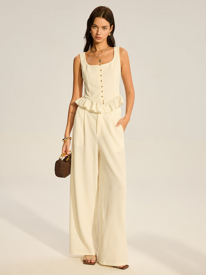 Textured Peplum Top and Wide-Leg Pants Set