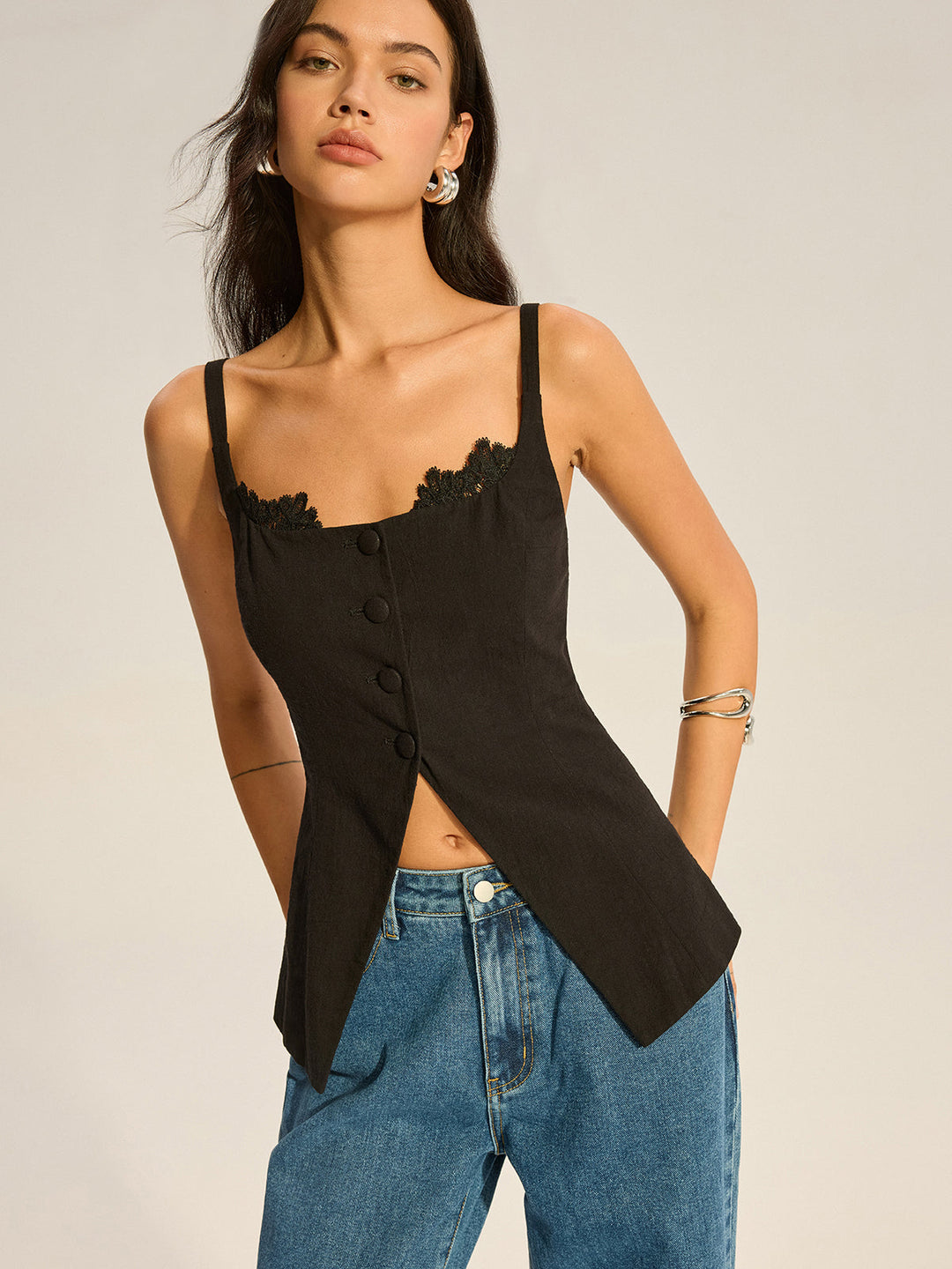 Semi-Sheer Lace-Trimmed Button Top with Slit