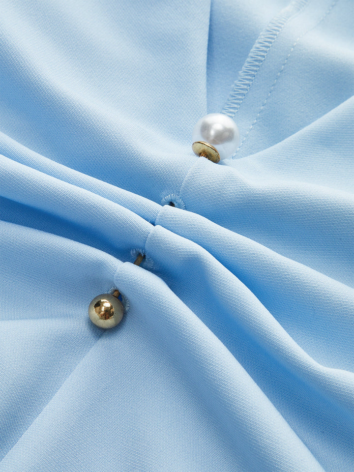 V-Neck Ruched Top with Pearl Detail