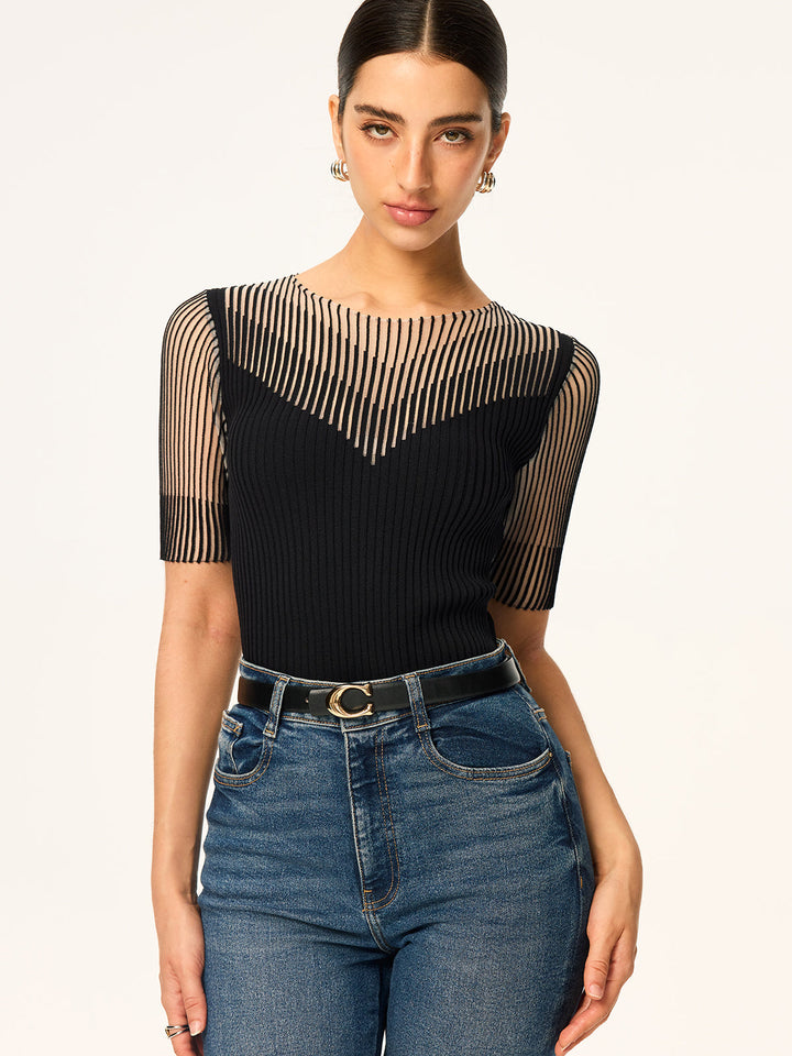 Sheer Stripe Panel Ribbed Knit Top