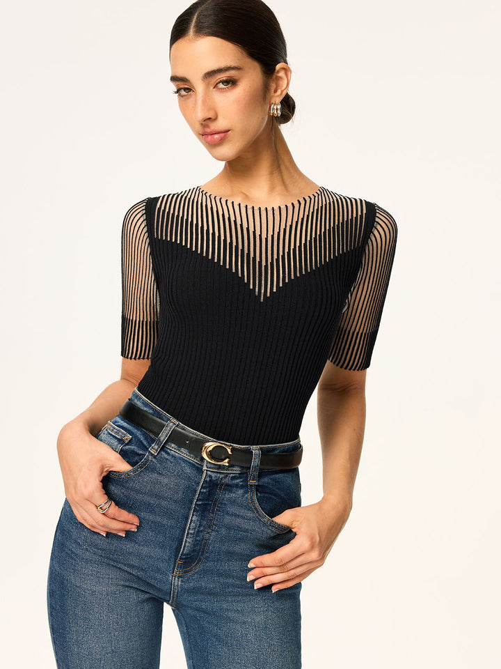 Sheer Stripe Panel Ribbed Knit Top