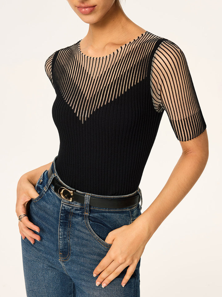 Sheer Stripe Panel Ribbed Knit Top
