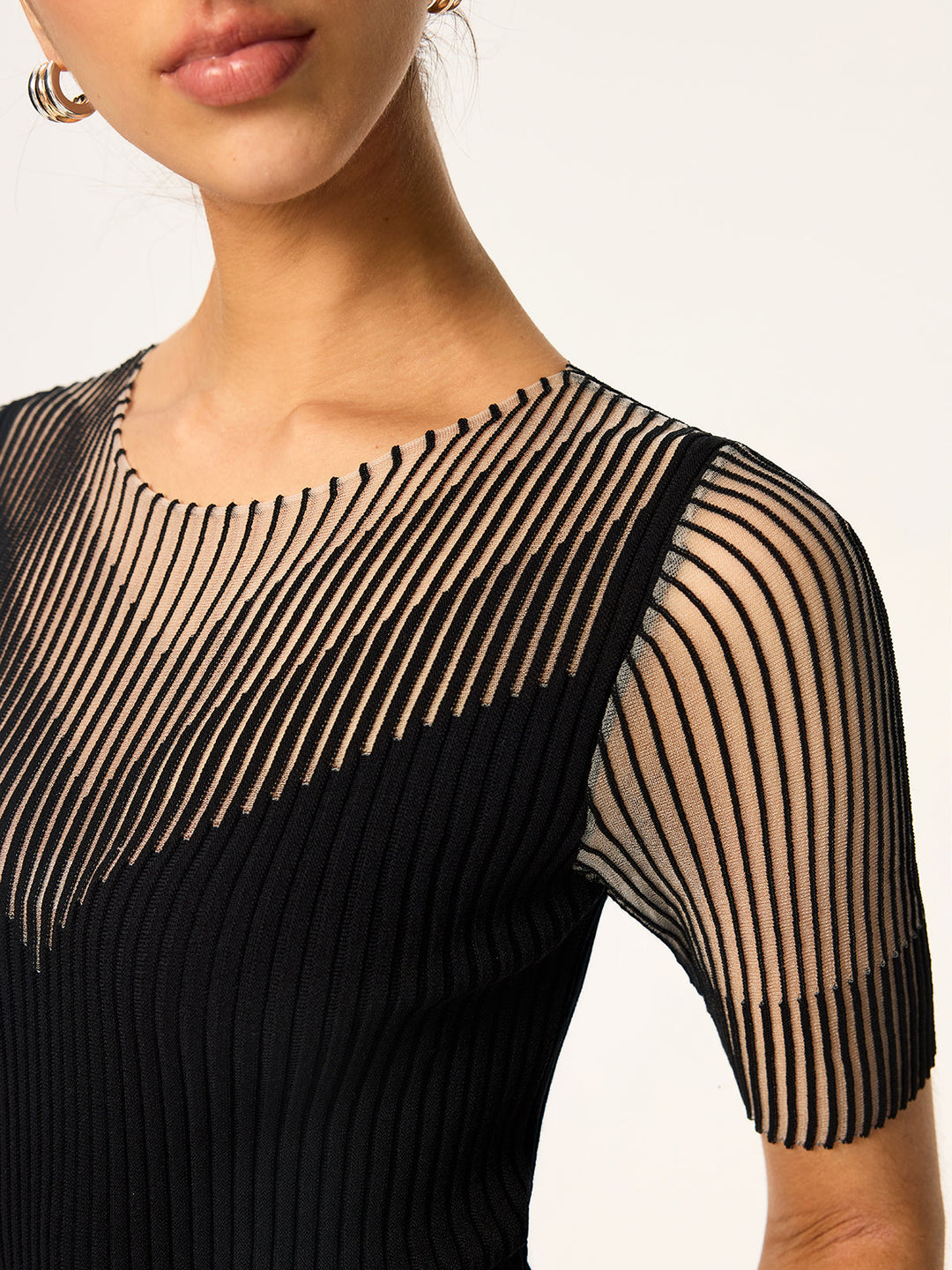 Sheer Stripe Panel Ribbed Knit Top