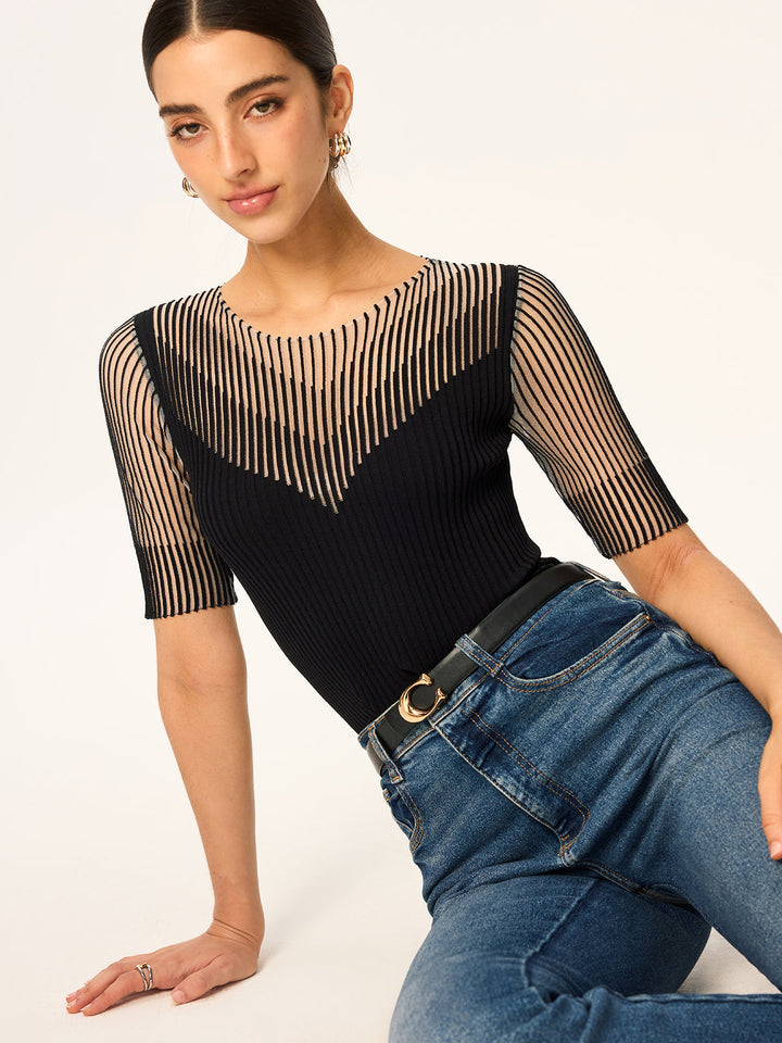 Sheer Stripe Panel Ribbed Knit Top