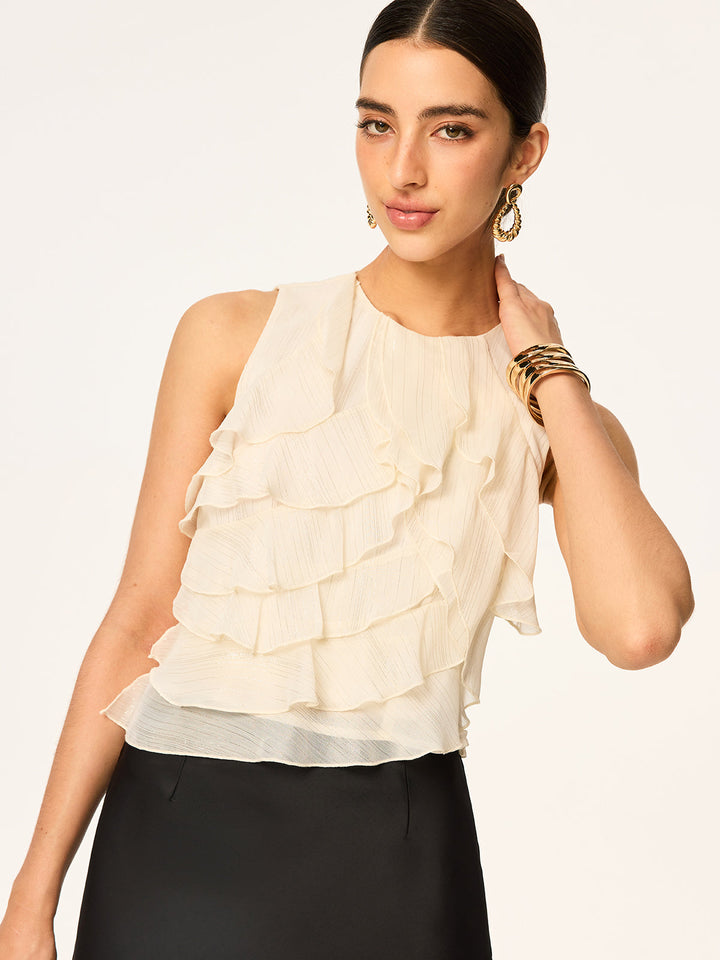 Semi-Sheer Ruffled Sleeveless Chiffon Top
