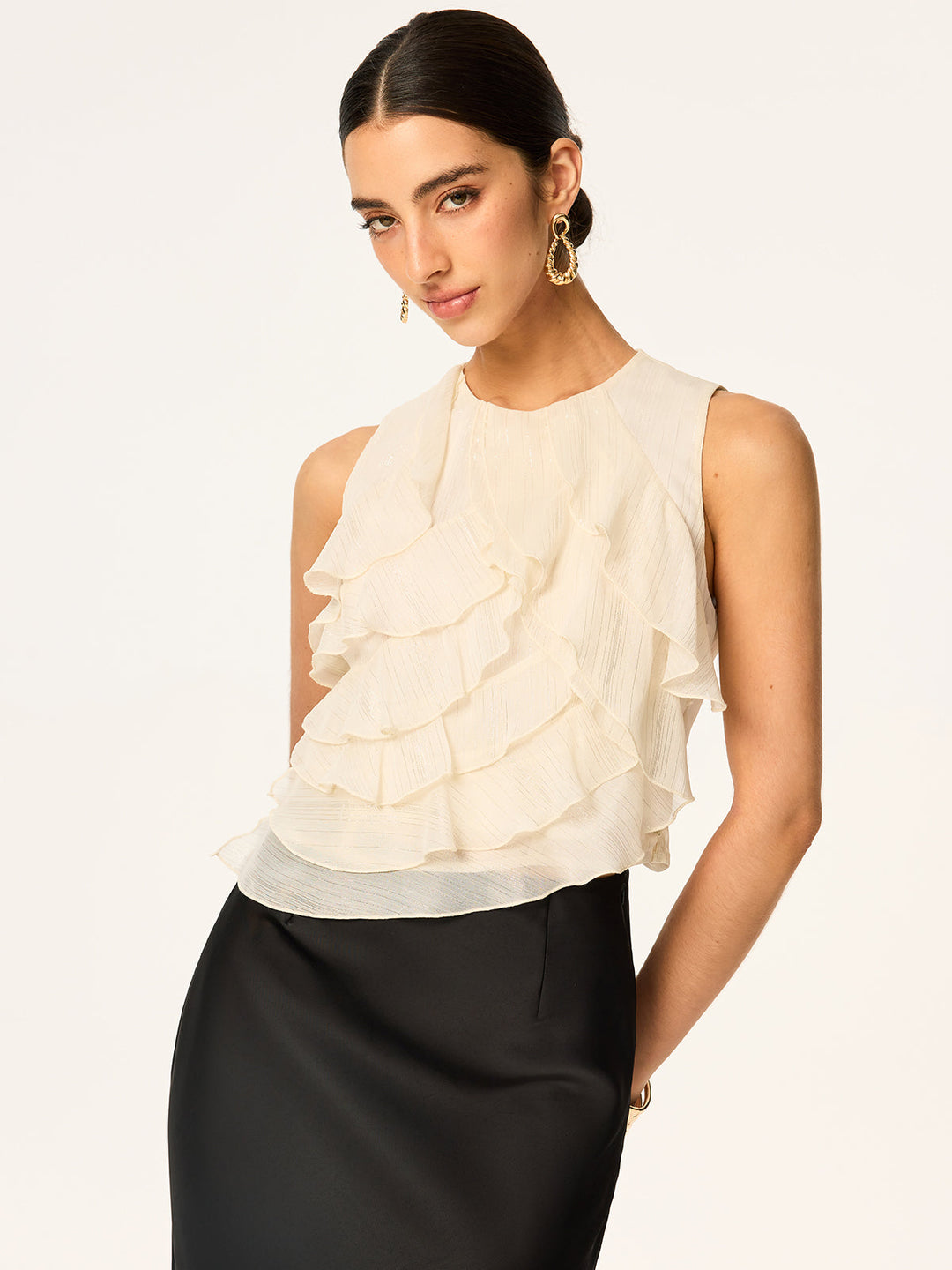Semi-Sheer Ruffled Sleeveless Chiffon Top