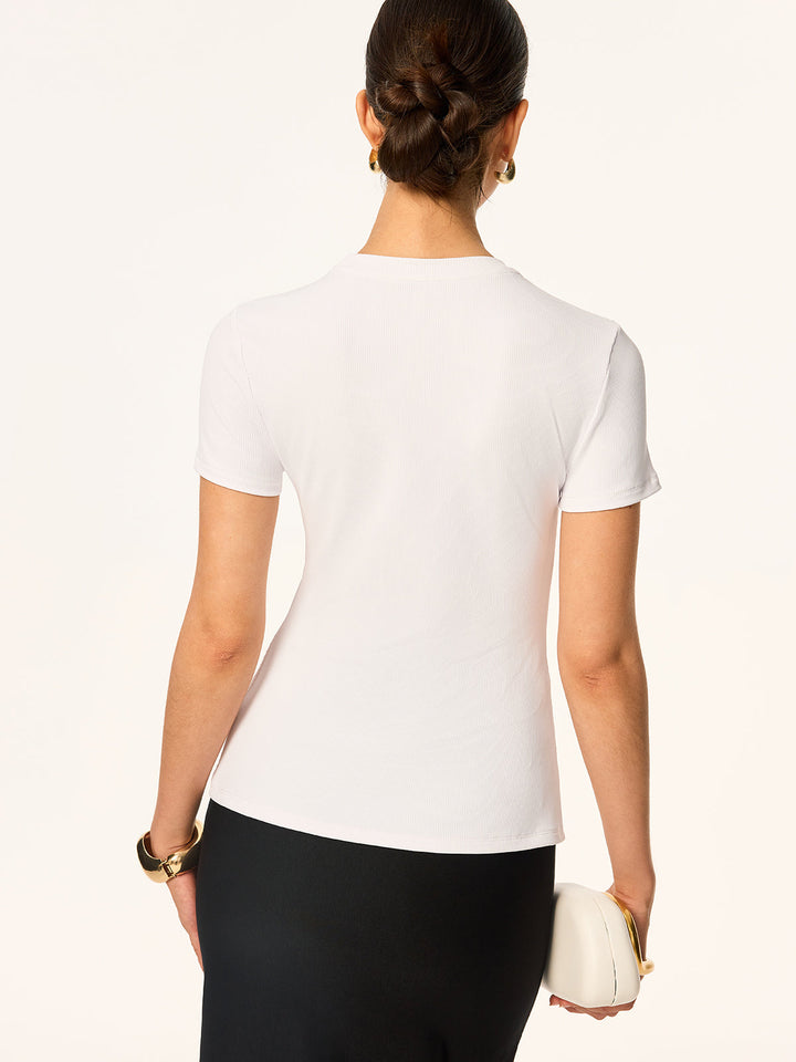 Short-Sleeved Top with Metal Embellishments and Front Slit