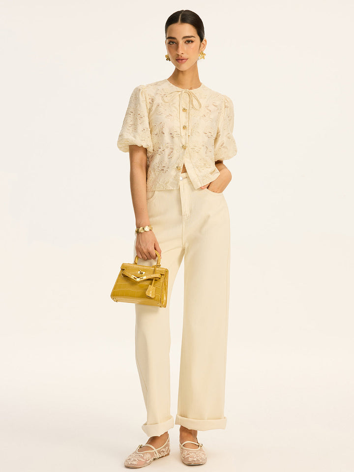 Semi-Sheer Jacquard Metal Button Cotton-Blend Top