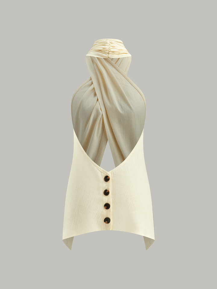 Semi-Sheer Cross-Halter Neck Wrap Top