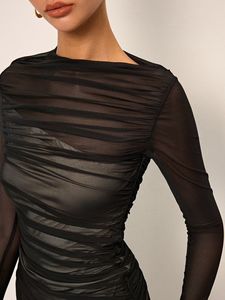 Sheer Mesh Ruched Long-Sleeve Top