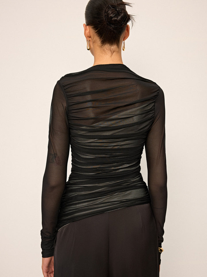 Sheer Mesh Ruched Long-Sleeve Top