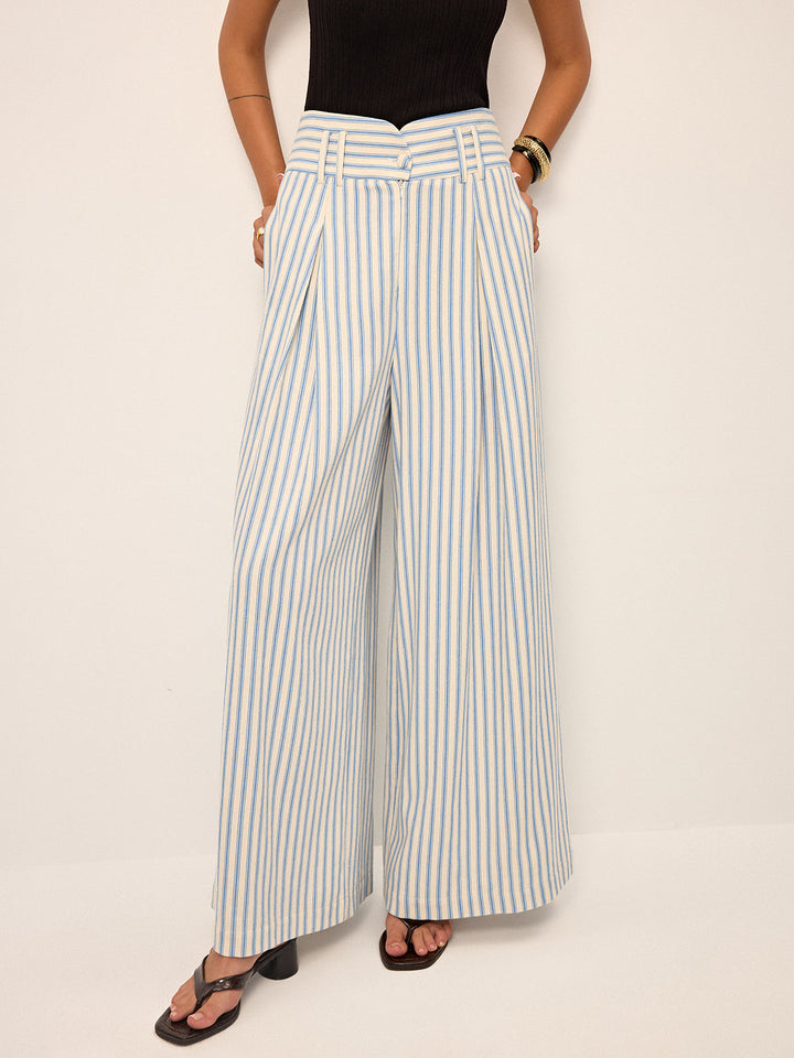 Cotton Striped Pleated Wide-Leg Pants