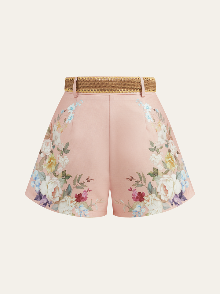 Floral Printed Belted Mid-Waist Shorts