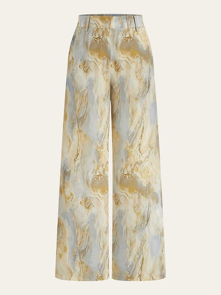 Semi-Sheer Marble Print Straight-Leg Pants