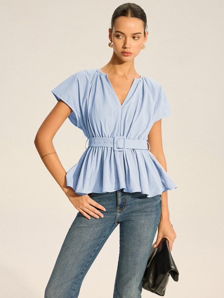 Belted V-Neck Pleated Peplum Top
