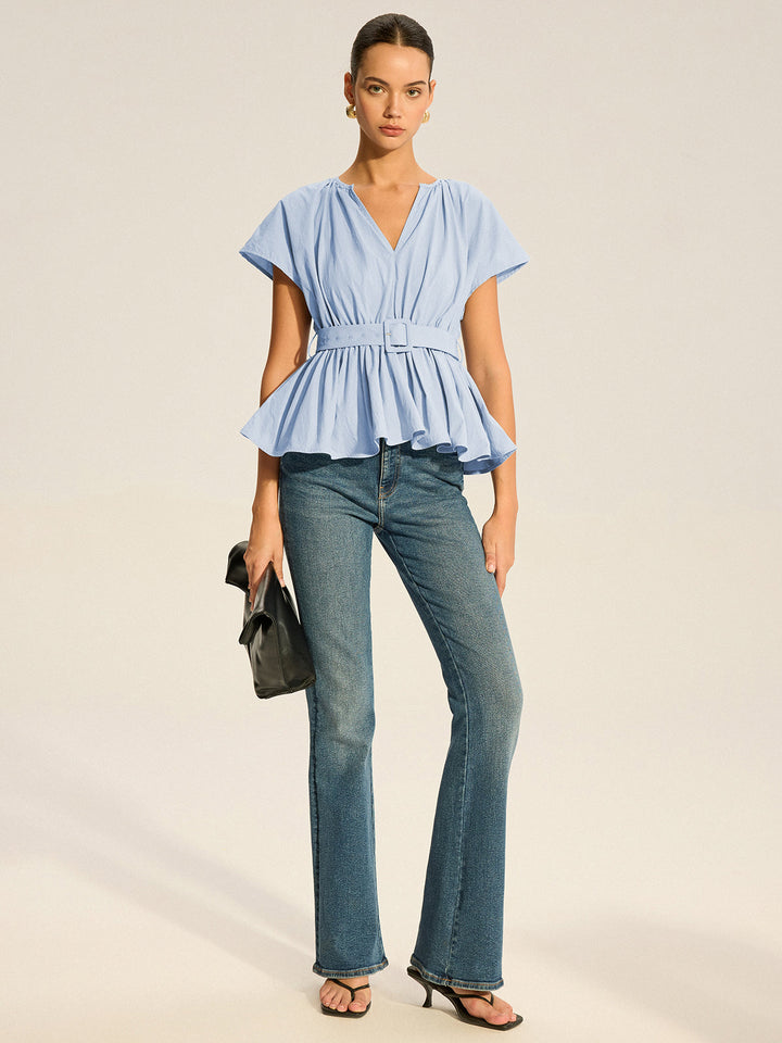Belted V-Neck Pleated Peplum Top