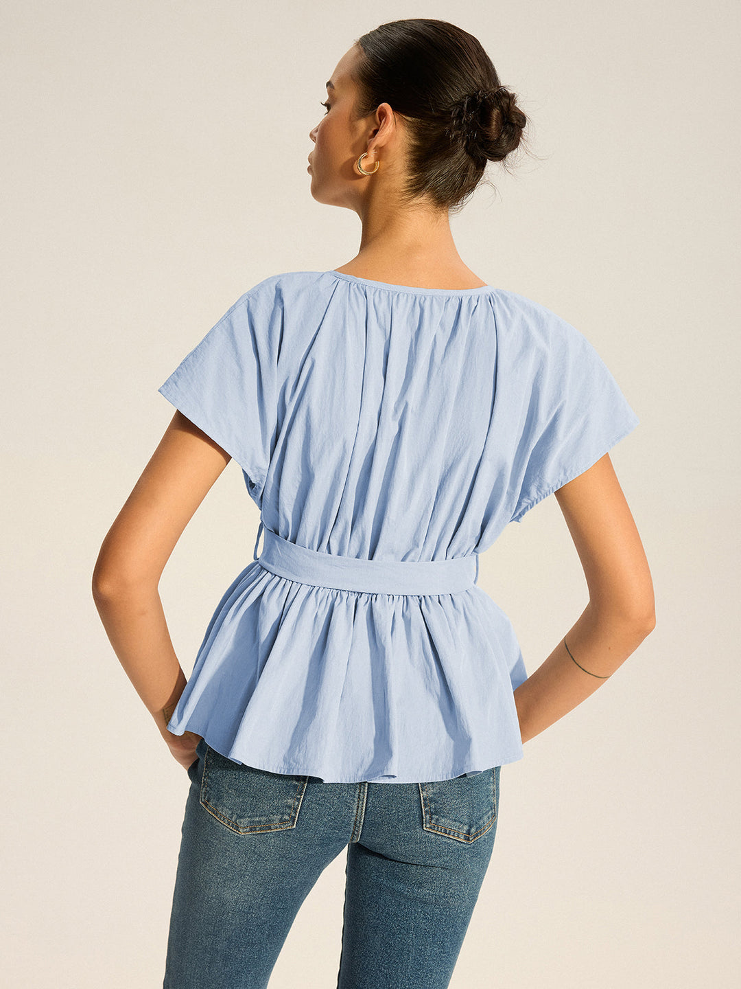 Belted V-Neck Pleated Peplum Top