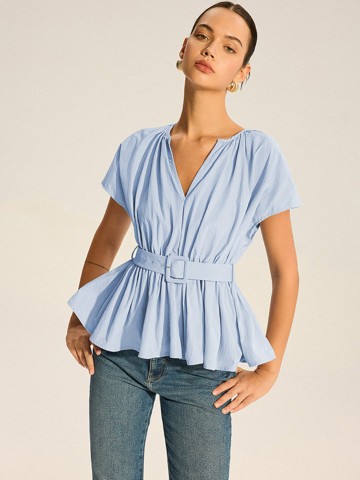 Belted V-Neck Pleated Peplum Top