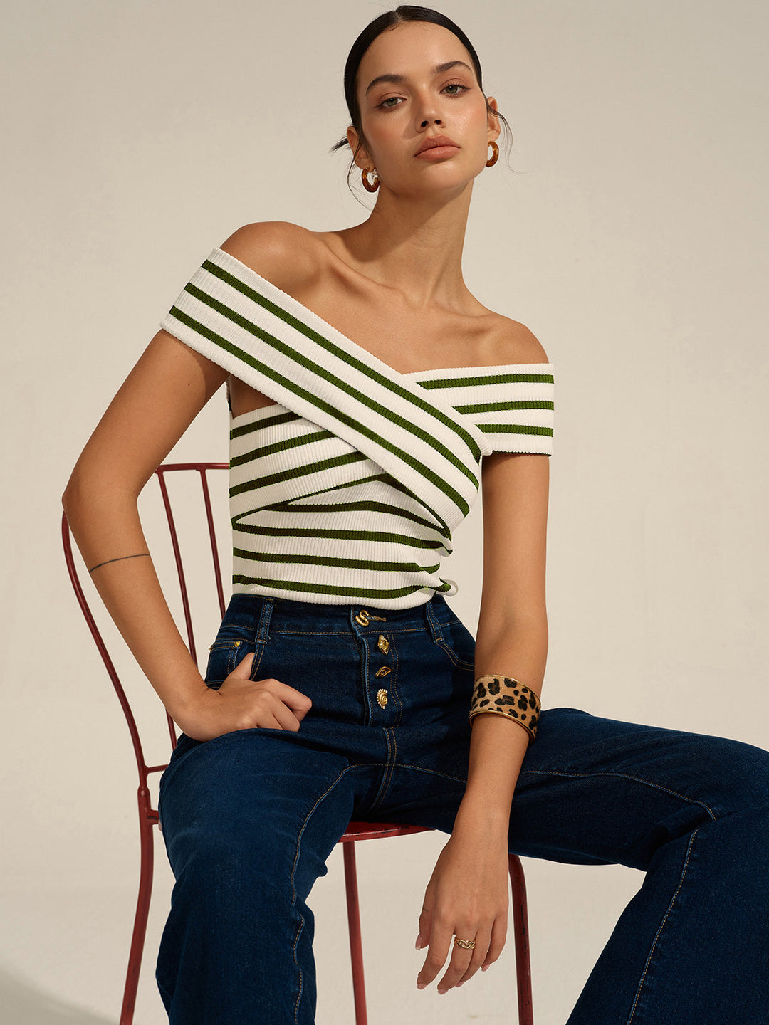 Striped Off-Shoulder Cross Knit Top