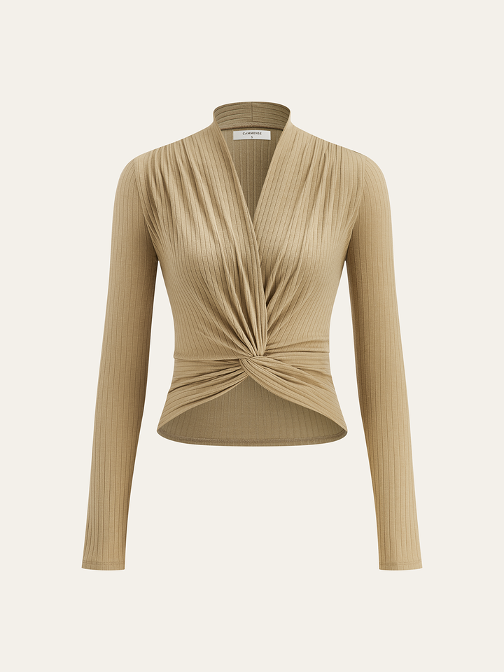 Ribbed Twist Front Long Sleeve Knit Top