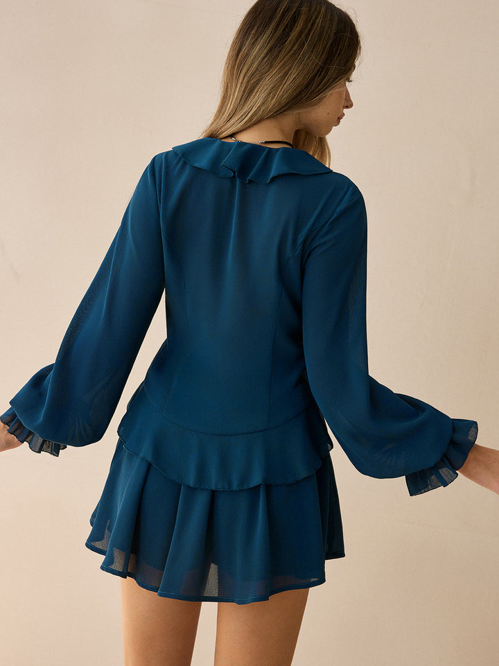 Chiffon Ruffled Long-Sleeve Top and Shorts Set