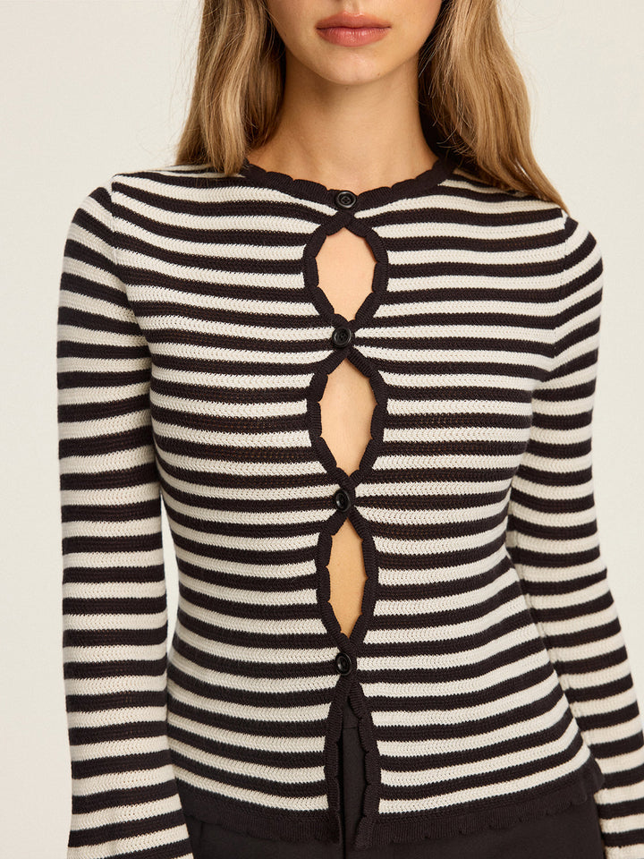 Striped Cut-Out Flare Sleeve Knit Top