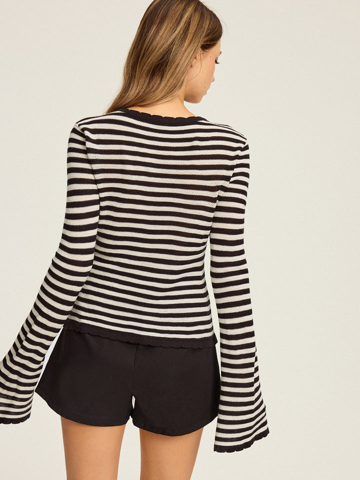 Striped Cut-Out Flare Sleeve Knit Top