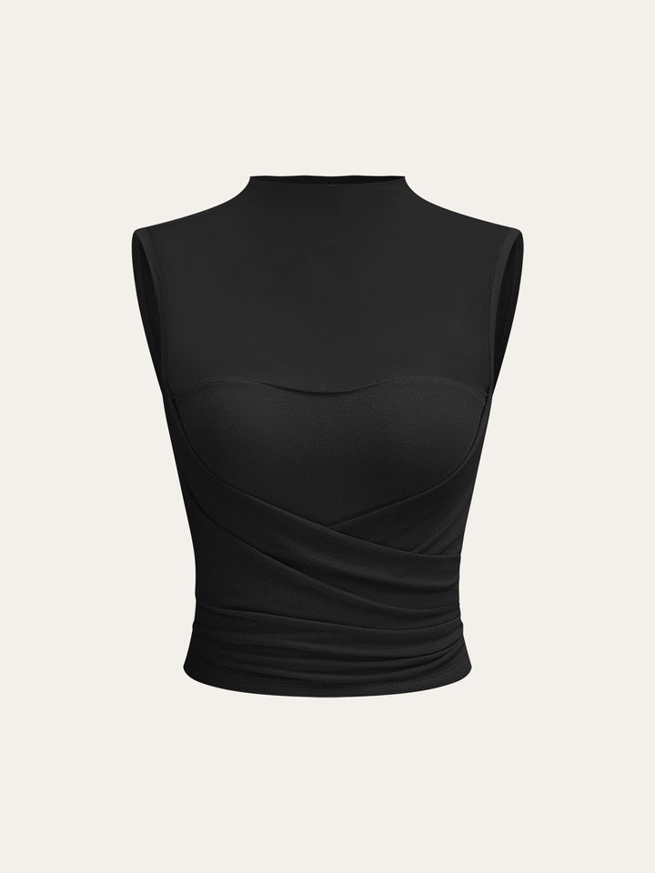 Semi-Sheer Mesh Panel Wrap Top