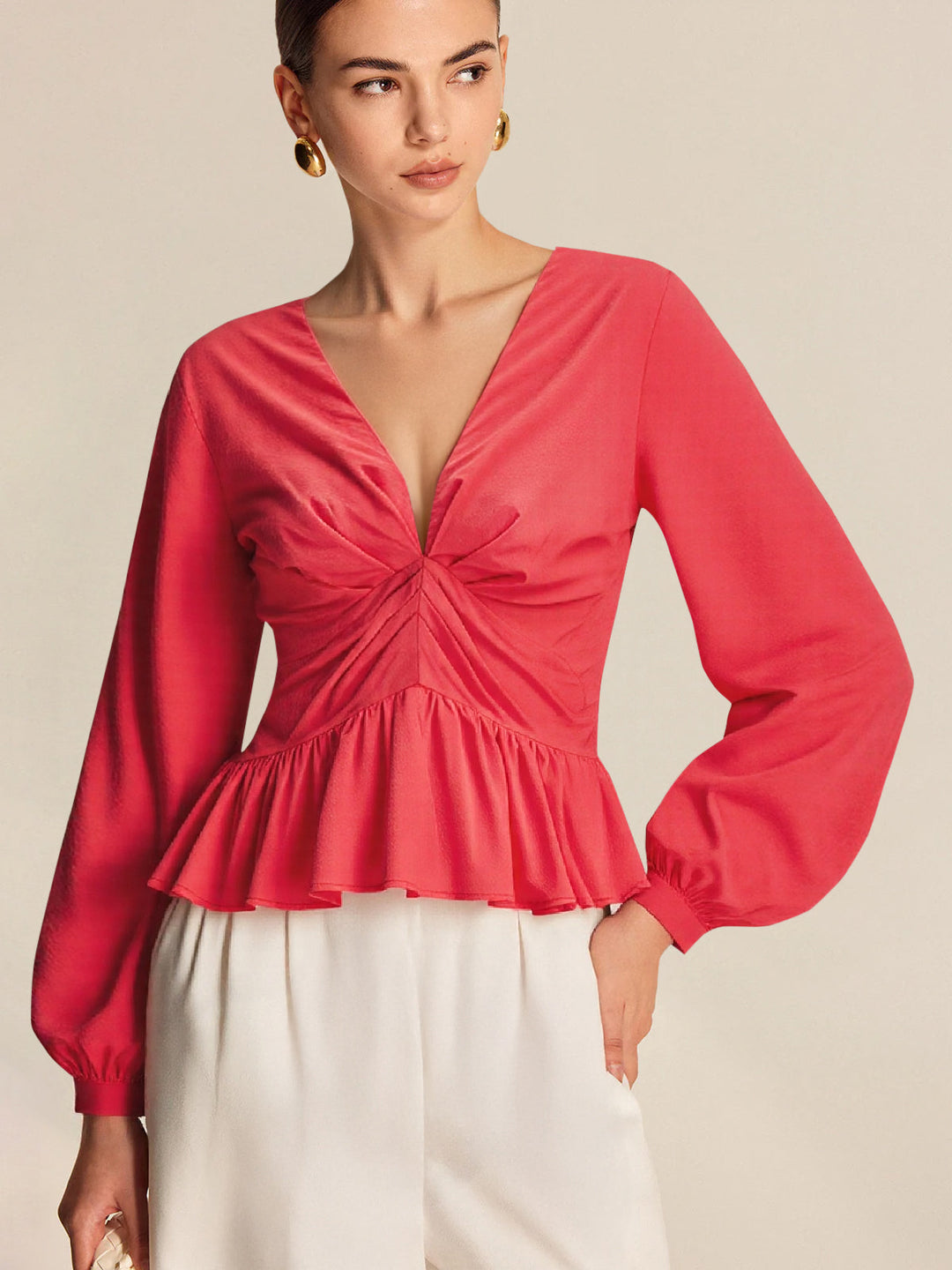 Cotton Deep V-Neck Peplum Top