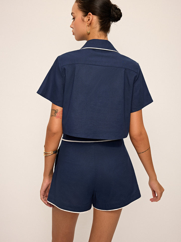 Contrast Piping Crop Shirt and Shorts Set
