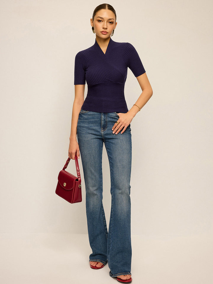 Ribbed Short-Sleeve Knit Top