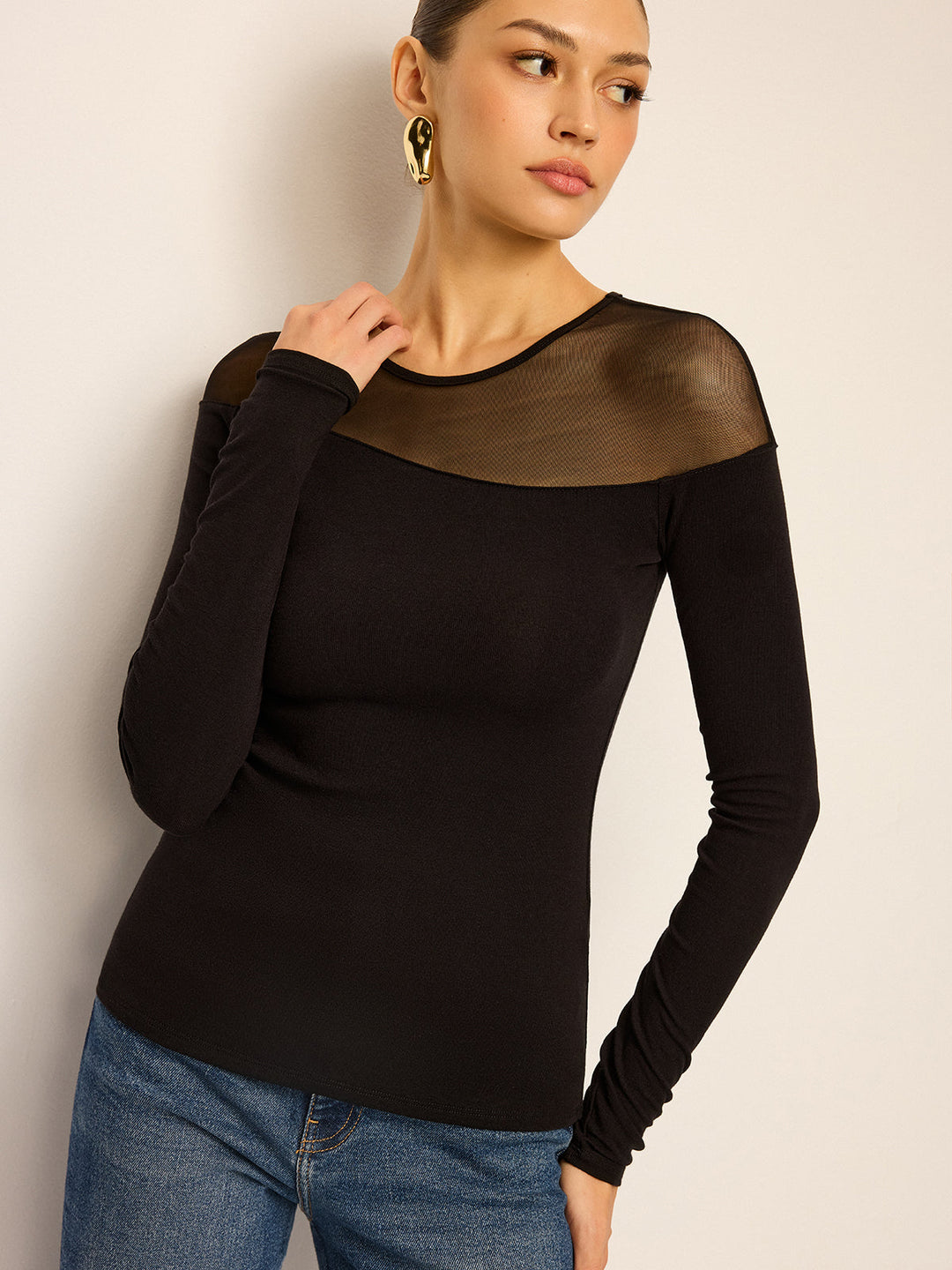 Sheer-Paneled Long-Sleeve Top