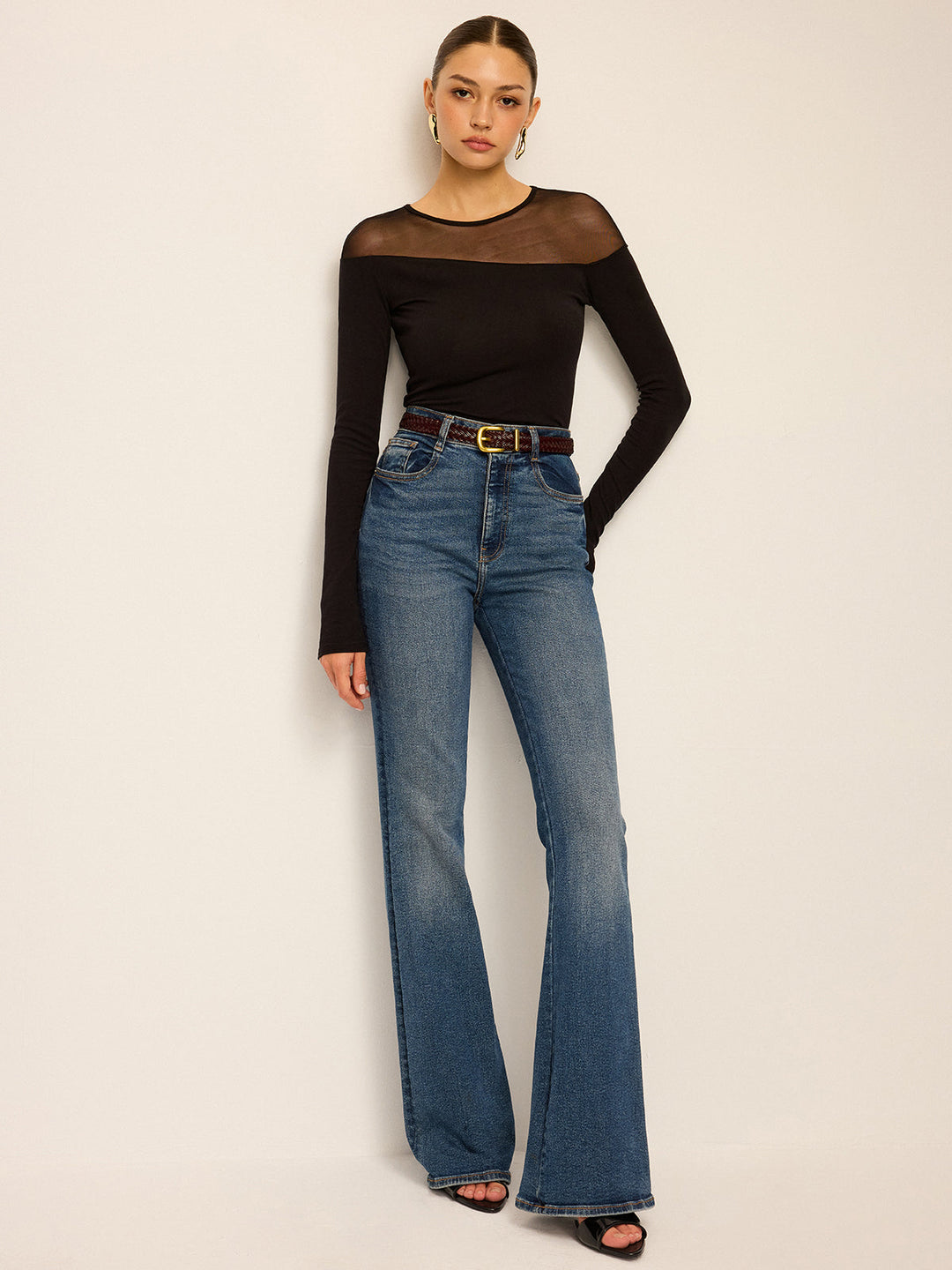 Sheer-Paneled Long-Sleeve Top