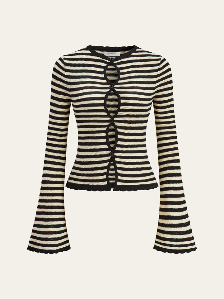 Striped Cut-Out Flare Sleeve Knit Top
