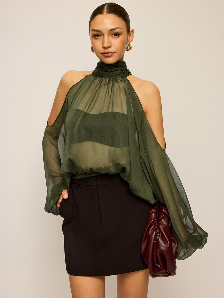 Sheer Halter Neck Cut-Out Sleeve Top with Bow Back