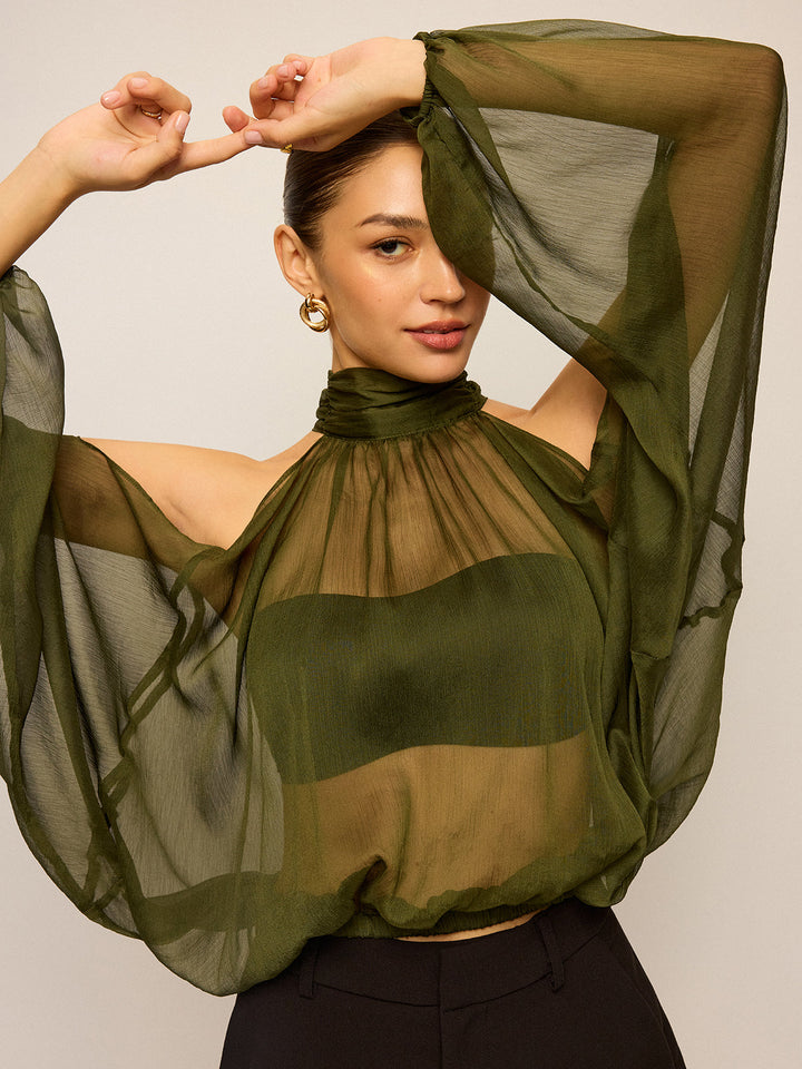 Sheer Halter Neck Cut-Out Sleeve Top with Bow Back