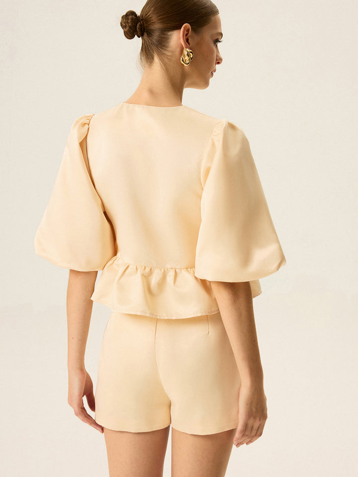 Puff Sleeve Peplum Top and Shorts Set
