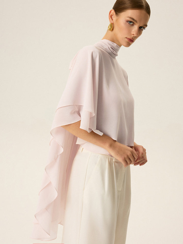 Semi-Sheer Chiffon High-Neck Tiered Cape Top