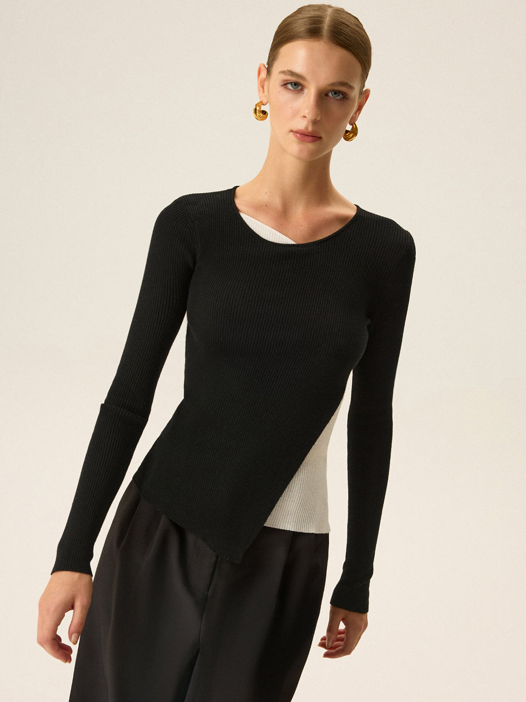 2 in 1 Color-Block Asymmetric Ribbed Knit Top
