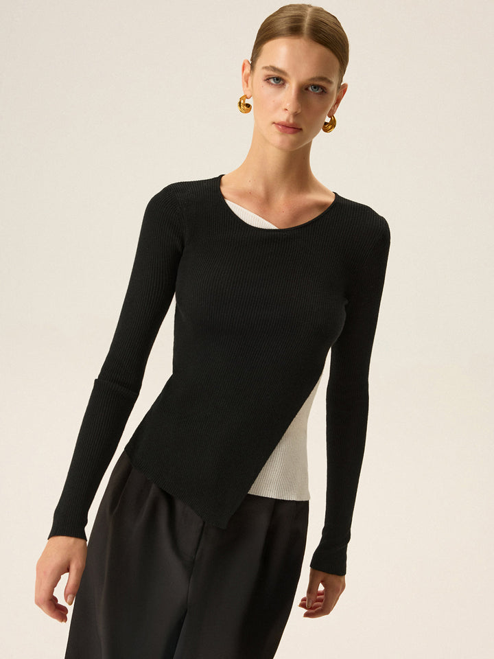 2 in 1 Color-Block Asymmetric Ribbed Knit Top