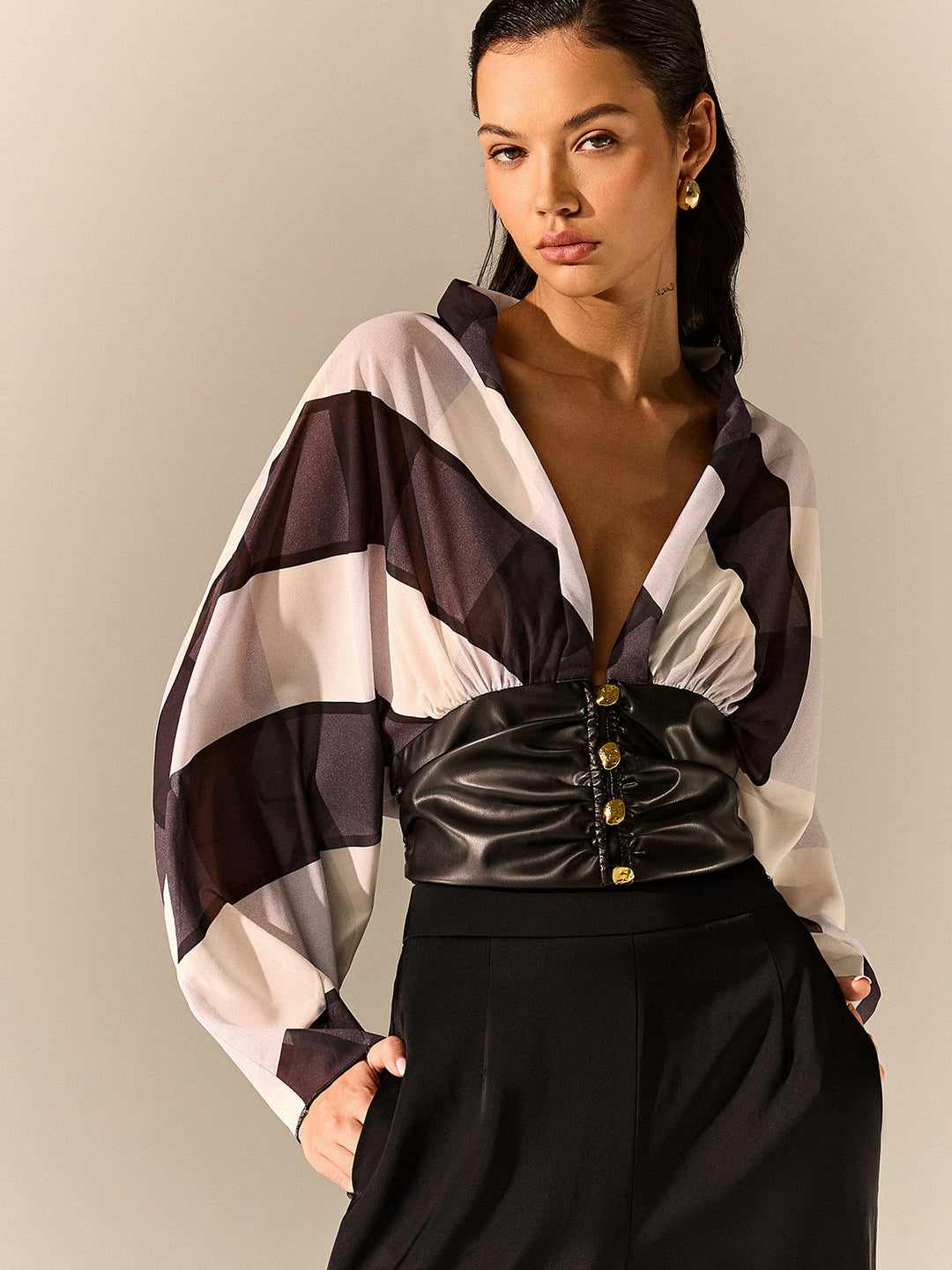 Semi-Sheer Striped Panel Faux Leather Top