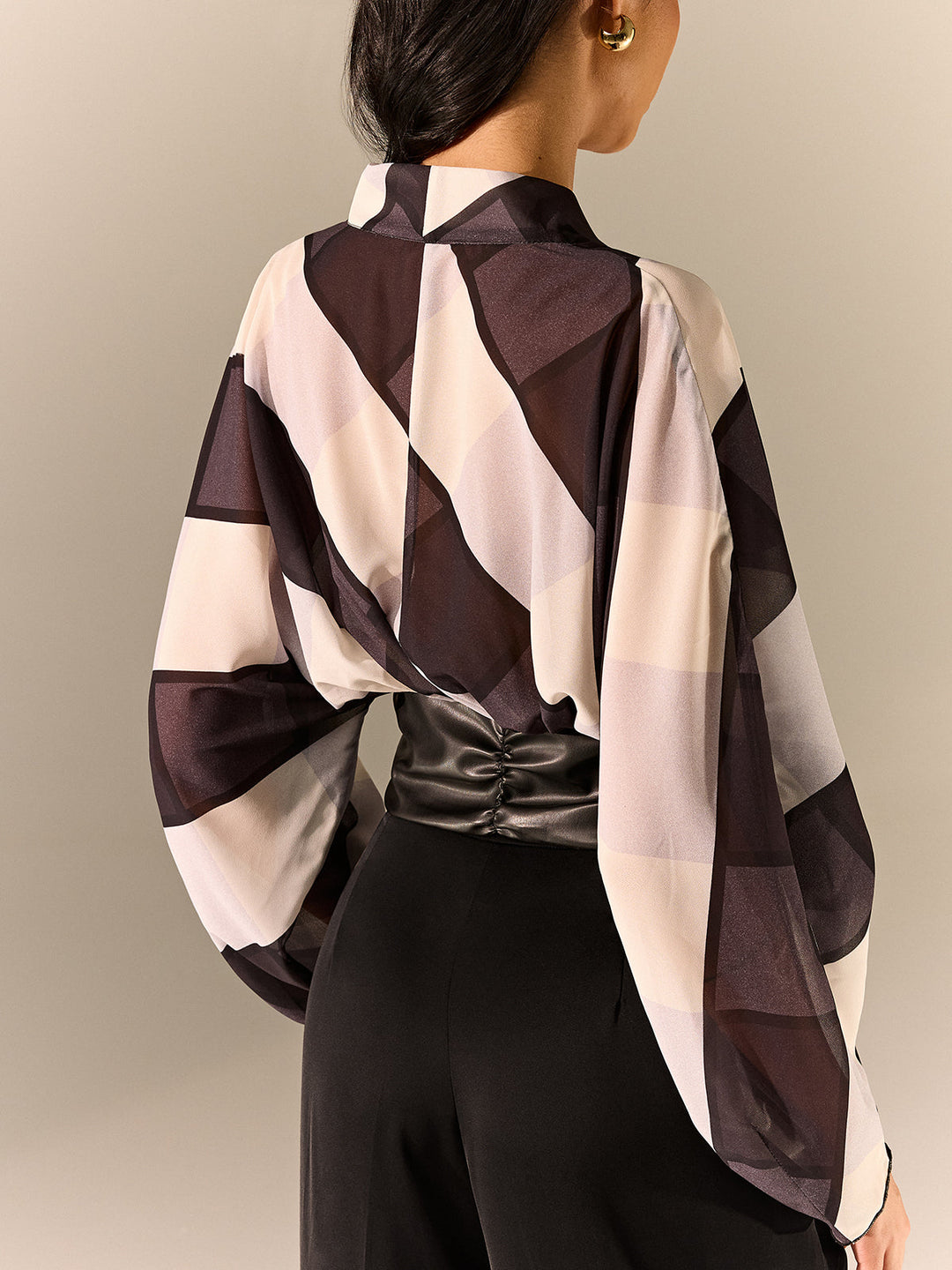 Semi-Sheer Striped Panel Faux Leather Top