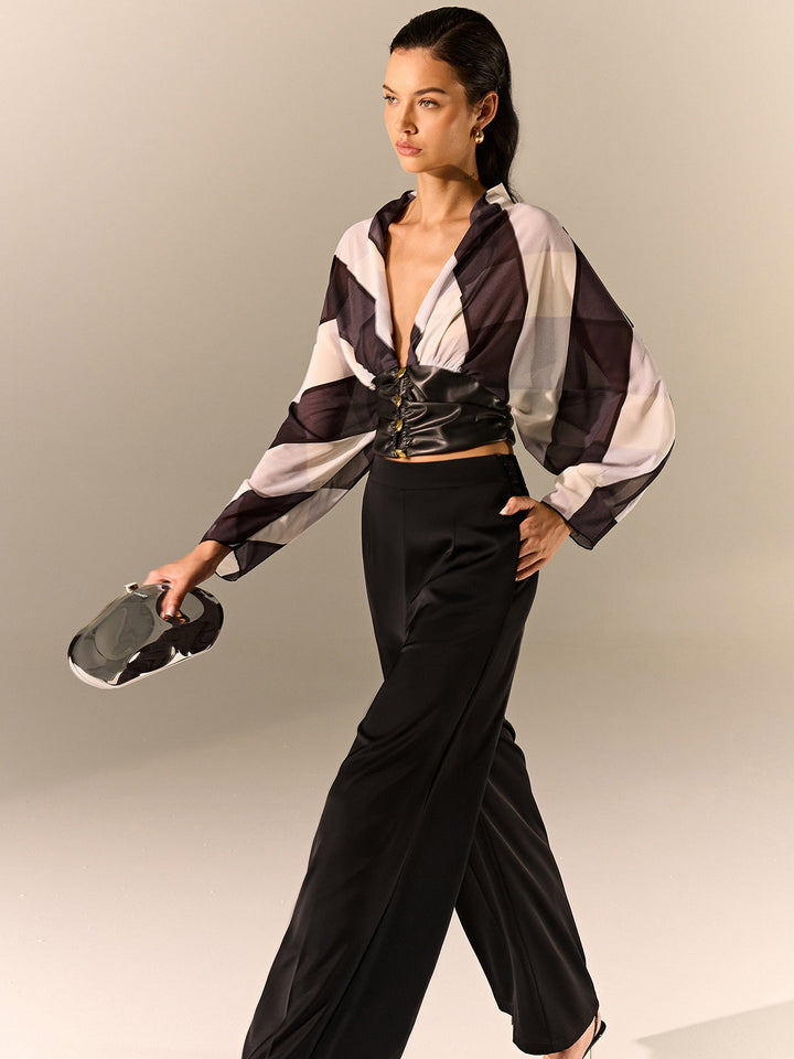 Semi-Sheer Striped Panel Faux Leather Top