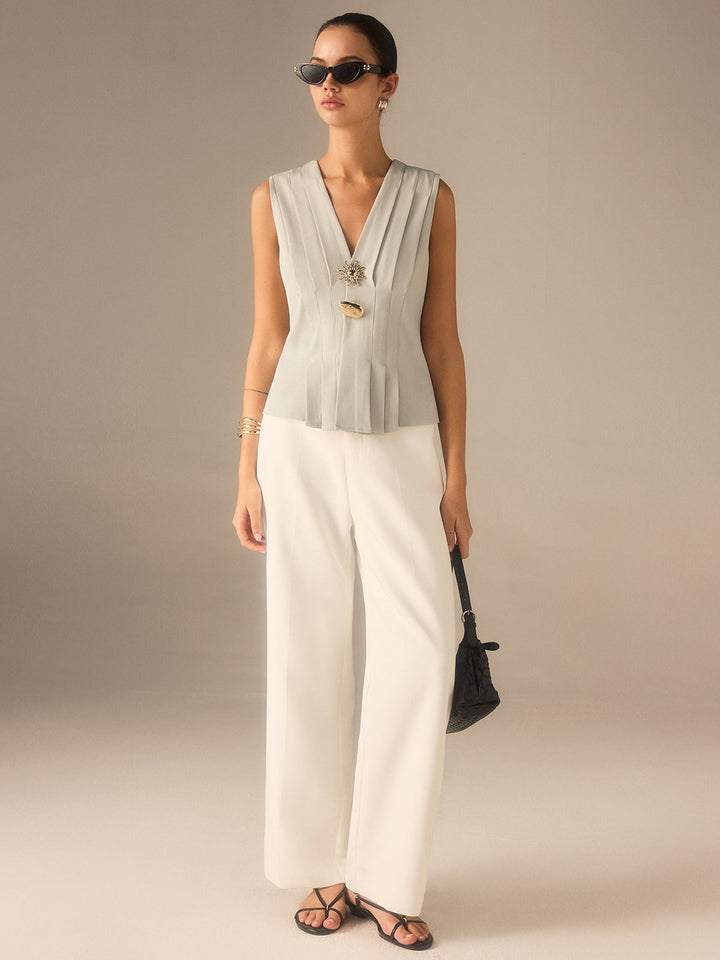 Pleated V-Neck Top with Metal Detail