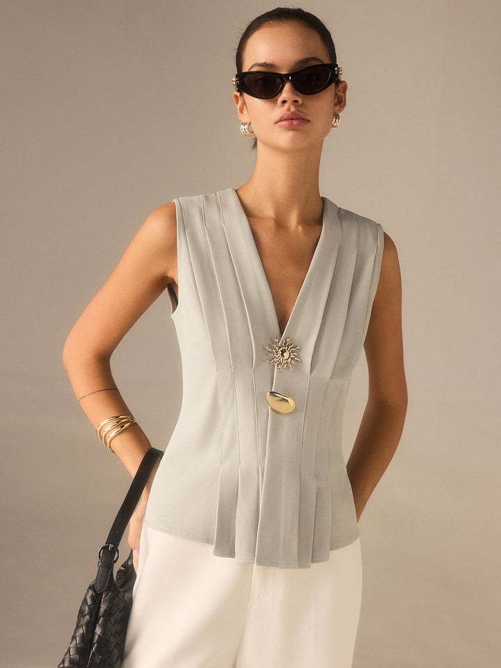 Pleated V-Neck Top with Metal Detail