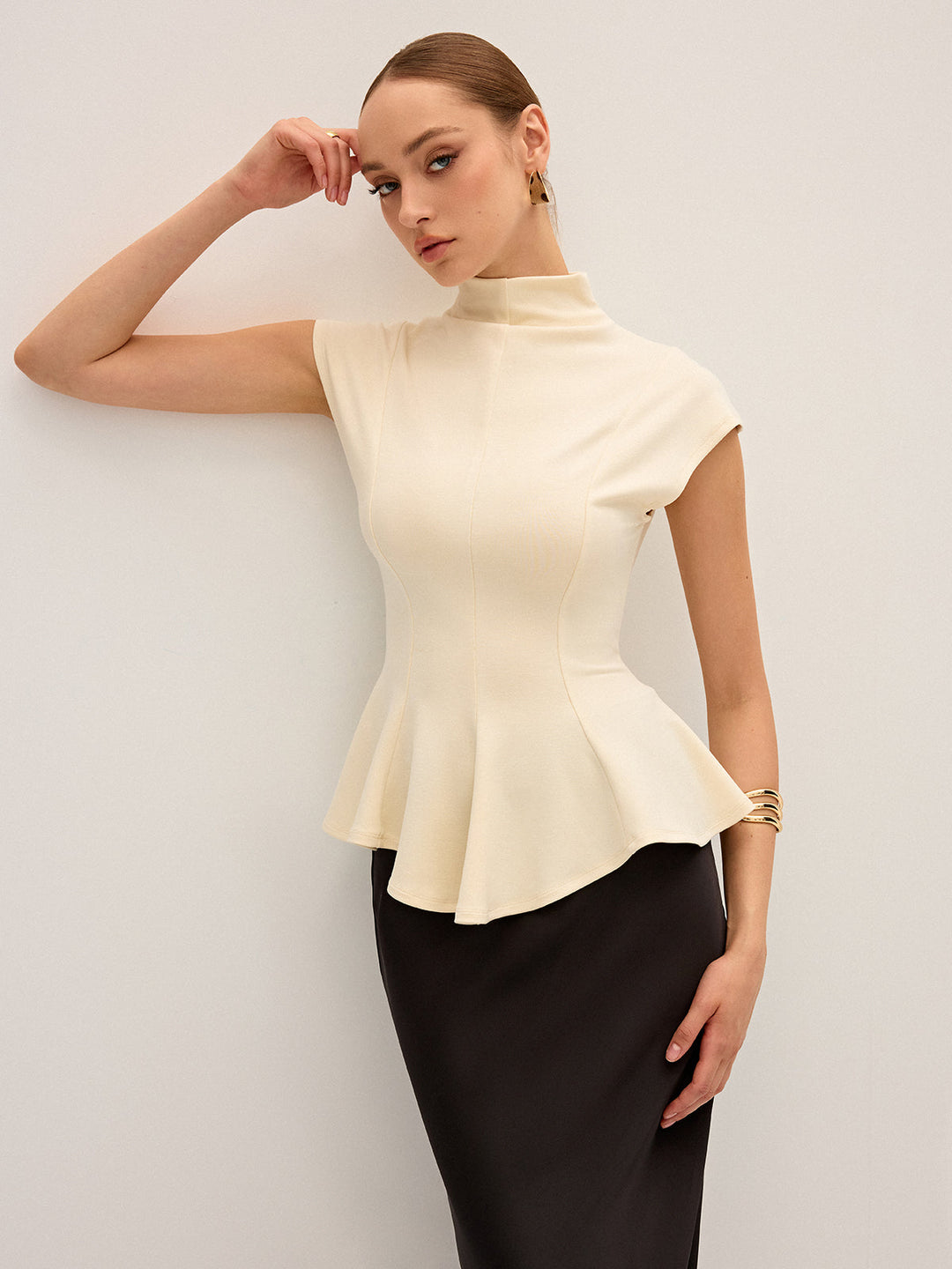 Mock Neck Cap Sleeve Peplum Top